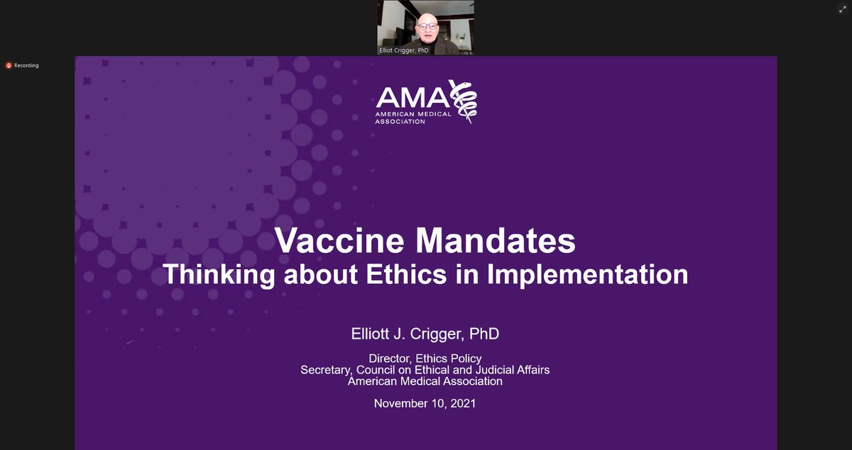 MassMedical's tweet photo. "This imaginative framing of 'What’s the worst that can happen to the least well off?' is one way of addressing the concern that implementation be fair or equitable, not exacerbate disparities," Elliott Crigger of @AmerMedicalAssn says at the #MMSInterim2021 Ethics Forum. https://t.co/z8AQsJ29Rn