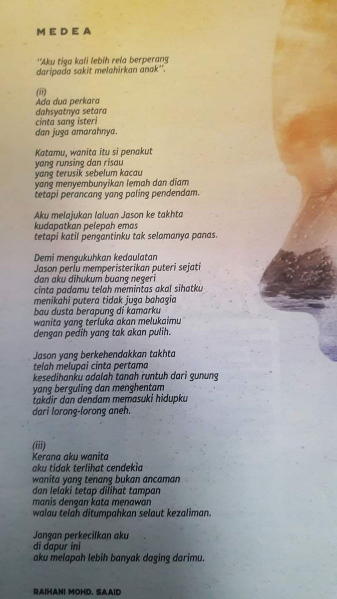 RaihaniTSN's tweet photo. "Jangan perkecilkan aku
Di dapur ini aku melapah
lebih banyak daging darimu."
Medea,
Raihani Mohd.Saaid
#dewansastera #puisi https://t.co/CkUAQlRArH