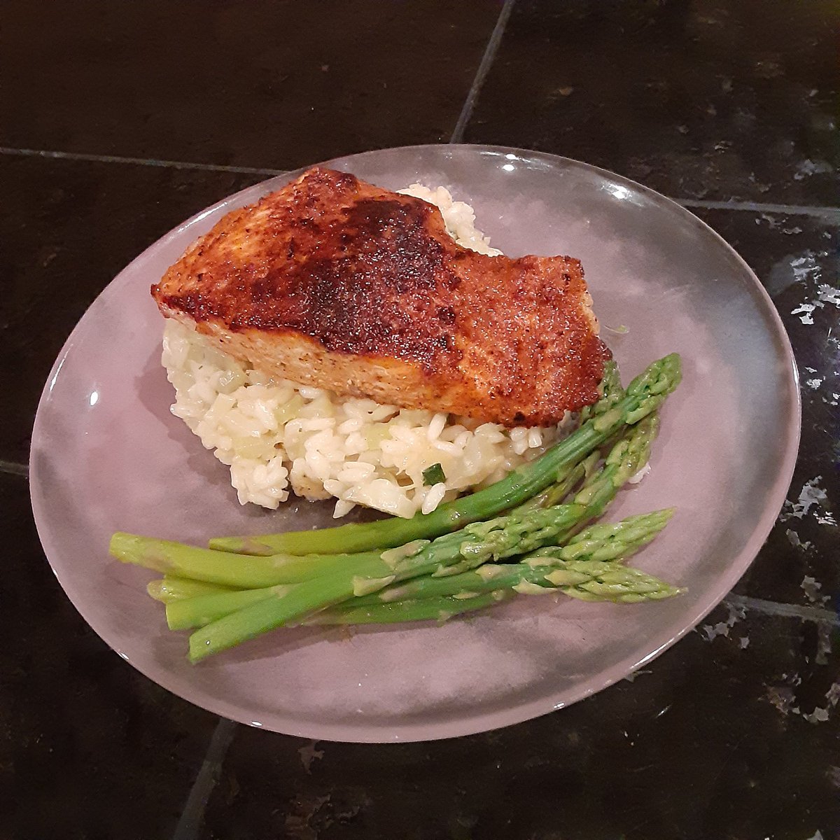 Whisky_Yak's tweet photo. Pan Seared Rainbow Trout with a Paprika-Coriander Spice Rub, asparagus, and Lemon, Basil, and Fennel Risotto. The Girl says the risotto can be done again. #QuarantineCooking #FoodExperiments https://t.co/x3UMZ4uN0a