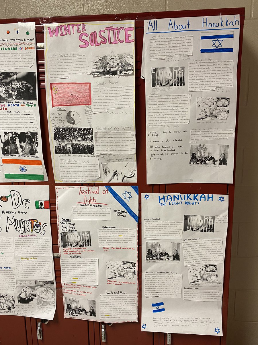 MsReierson245's tweet photo. Students learned about holiday celebrations around the world and created nonfiction posters to present the information. I love how these turned out. 🇨🇳 🇸🇪 🇮🇳 🇲🇽 🇮🇱 🇦🇹 #jordanrunited https://t.co/fSFfc4vOeE