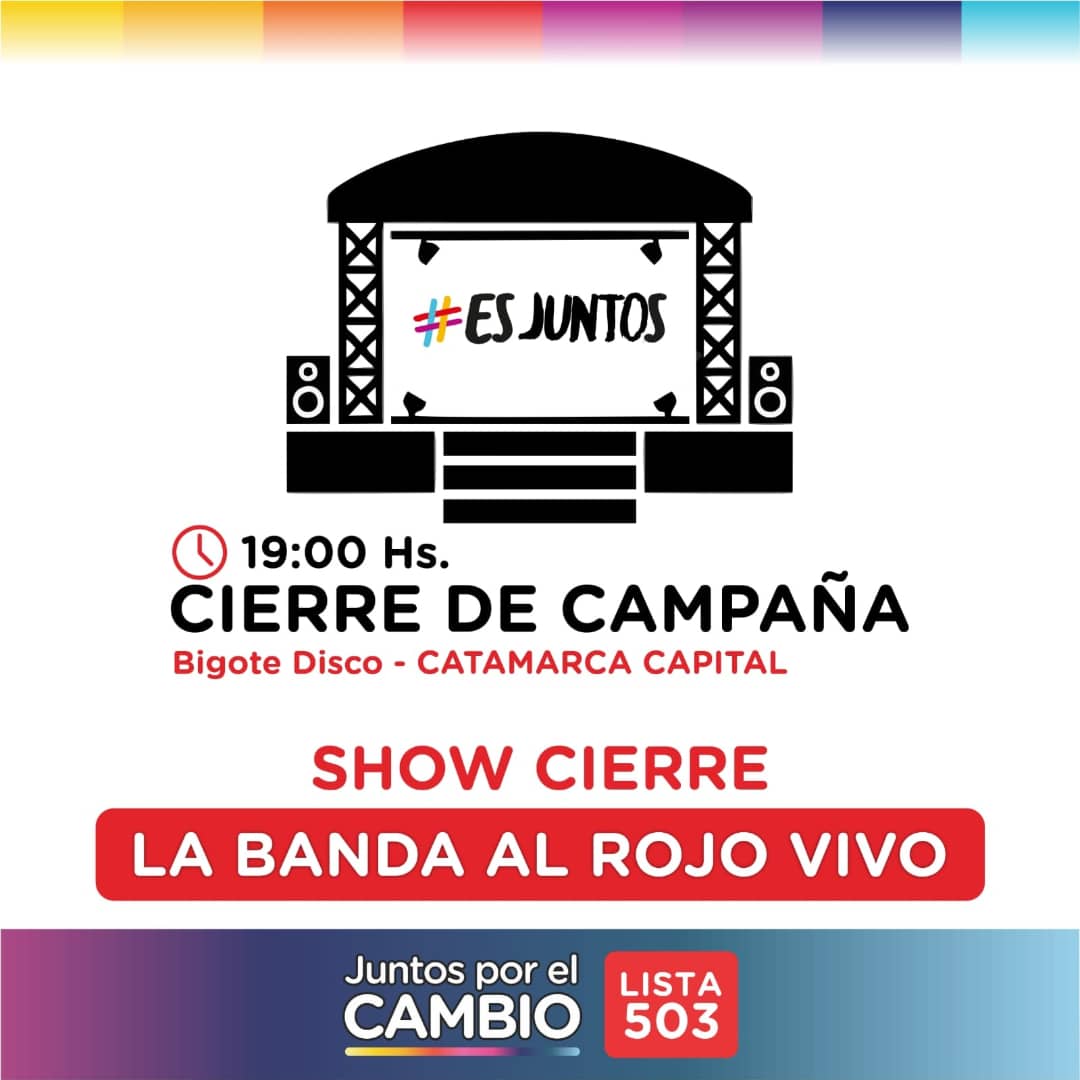 JRCatamarca_'s tweet photo. ¡GRAN CARAVANA Y CIERRE DE CAMPAÑA! 🖐🏼
Te invitamos compartir con nuestros candidatos y candidatas al tramo final de la campaña.
Este domingo tenemos que decirle #BASTA a los privilegios y la corrupción.
#EsJuntos
#ProtagonistasDelPresente https://t.co/52DaS7GQC3