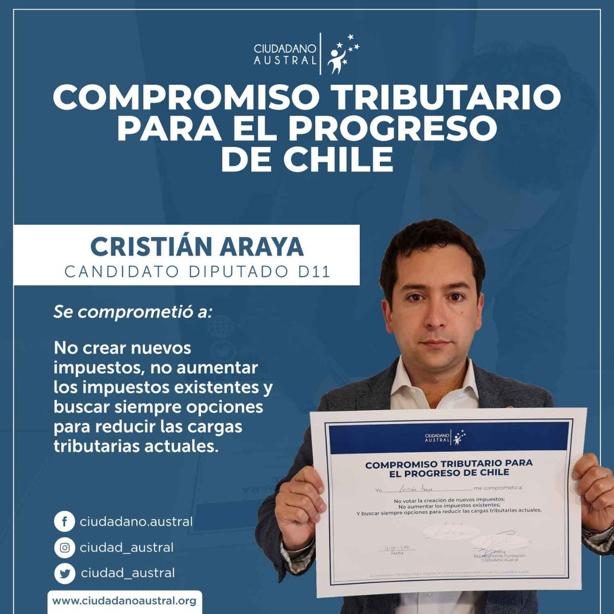 ciudad_austral's tweet photo. El siguiente candidato a diputado en firmar el 𝐂𝐨𝐦𝐩𝐫𝐨𝐦𝐢𝐬𝐨 𝐓𝐫𝐢𝐛𝐮𝐭𝐚𝐫𝐢𝐨 𝐩𝐚𝐫𝐚 𝐞𝐥 𝐏𝐫𝐨𝐠𝐫𝐞𝐬𝐨 𝐝𝐞 𝐂𝐡𝐢𝐥𝐞 de Ciudadano Austral, en el distrito 14 es @cristian_arayal

Invitamos a los demás candidatos a firmar el #CompromisoTributario⁠ https://t.co/gzPltYSxgZ