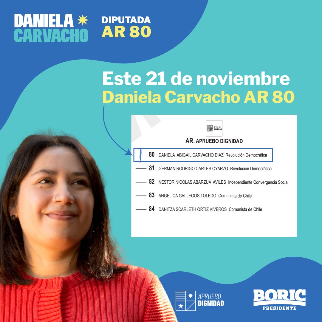 danielacarvacho's tweet photo. Ya tenemos papeleta!!
Este 21 de Noviembre para la diputación vota:
Daniela Carvacho AR-80 lista Apruebo Dignidad y recuerda 1 @gabrielboric Presidente
✊💗
#AR80 #danielacarvacho #elecciones #apruebodignidad #distrito25 https://t.co/QWyMlDeV6s