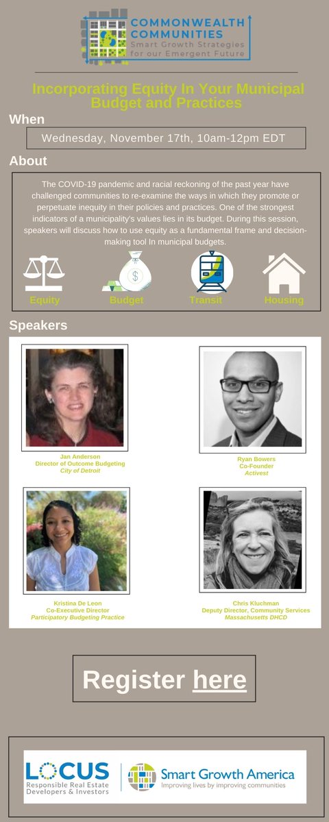 Less than a week away! Join us for another session of Commonwealth Communities: Smart Growth Strategies for Our Emergent Future. This session will be on incorporating equity into your municipal budget and practice. More information below! <a href="/SmartGrowthUSA/">Smart Growth America</a> <a href="/LOCUSDevelopers/">LOCUS Developers</a>