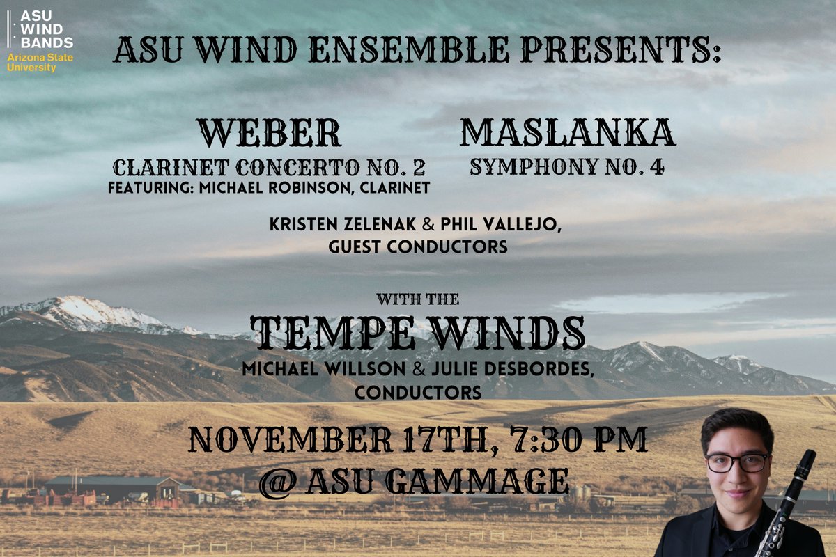 Join us as the ASU Wind Ensemble presents their final concert of the semester. Opening the concert, will be the Tempe Winds. The wind ensemble performs Carl Maria von Weber's Clarinet Concerto No 2 and David Maslanka's epic Symphony No. 4.

For tickets:
buff.ly/3D6C6dE