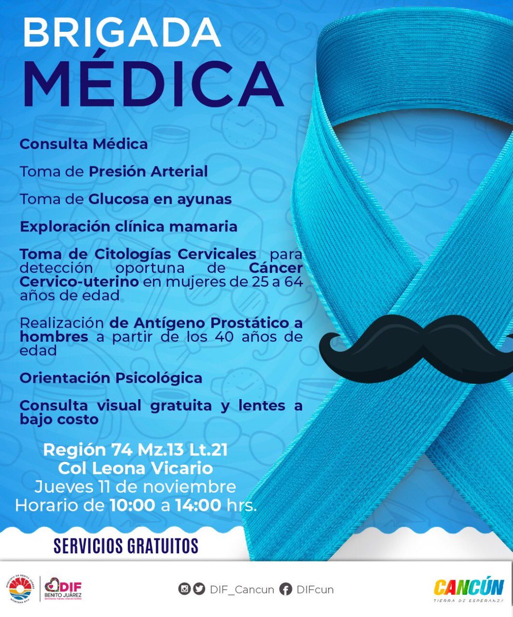 Asesoría 𝐠𝐫𝐚𝐭𝐮𝐢𝐭𝐚 sobre los métodos de detección del #CáncerDePróstata y otras enfermedades en nuestra Brigada Médica, mañana en la Región 74, desde las 10 de la mañana. 🩺

#NoviembreAzul