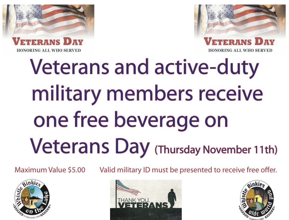 BinkiesPubs's tweet photo. We would like to thank all of those who have served and do serve our country! All Veterans and active military members are welcome to visit us tomorrow for a drink on us! Happy Veteran’s Day! 🇺🇸🍻 https://t.co/eya3Sj6vSZ