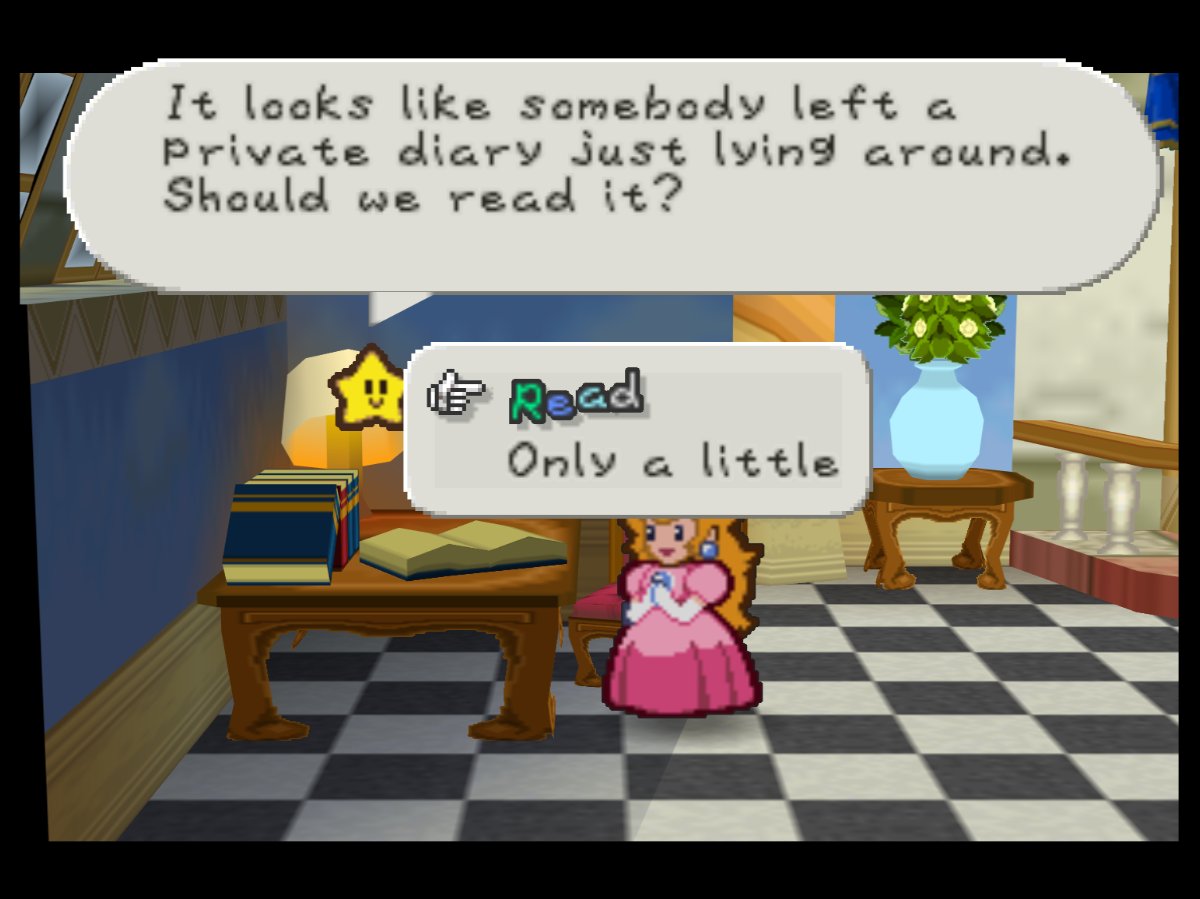 PaperMarioLog's tweet image. It looks like somebody left a private diary just lying around. Should we read it?

Ohhh... You like doing this sort of thing, do you? Tsk tsk!