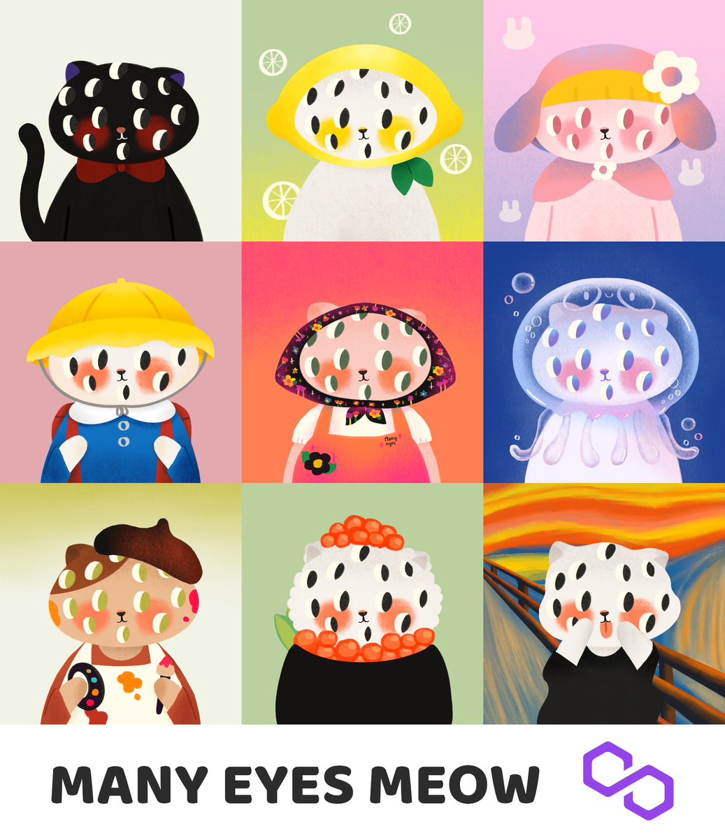 ✨NEW COLLECTION✨
👀Many eyes meow V.2 in Polygon Chain👀

Many eyes meow in many profile character
Start only 0.004 ETH✌️👀🐱💕

『 many eyes meow V.2 collection (Polygon) 』
opensea.io/collection/man…

#NFT #NFTTHAILAND #NFTJapan
#polygon #opensea #ManyeyesmeowNFT