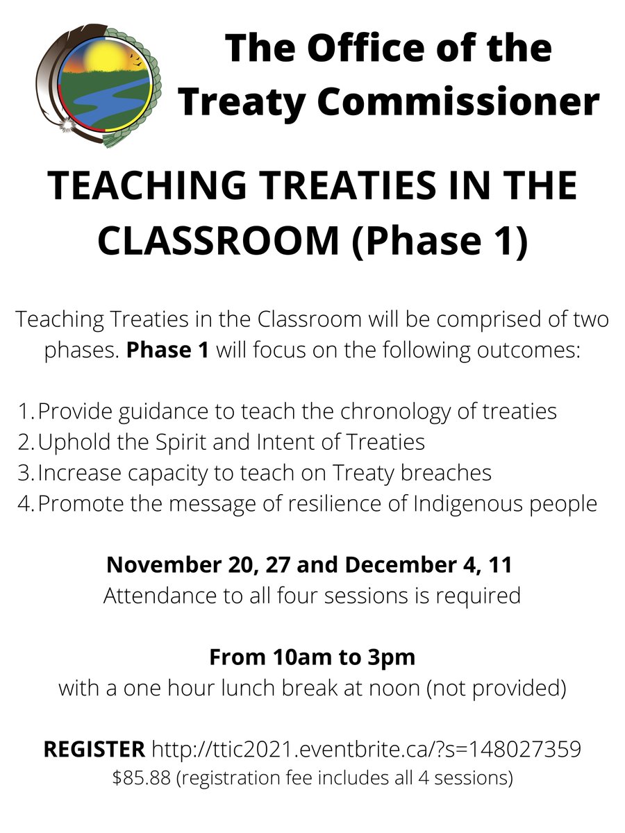 TreatyOfficeSK's tweet photo. The @TreatyOfficeSK is hosting a Teaching Treaties in the Classroom Phase 1 Training online starting Nov. 20.  More information and link to register https://t.co/4WwwZxTbPu. Please share with interested educators https://t.co/0mTB1h7TZ9