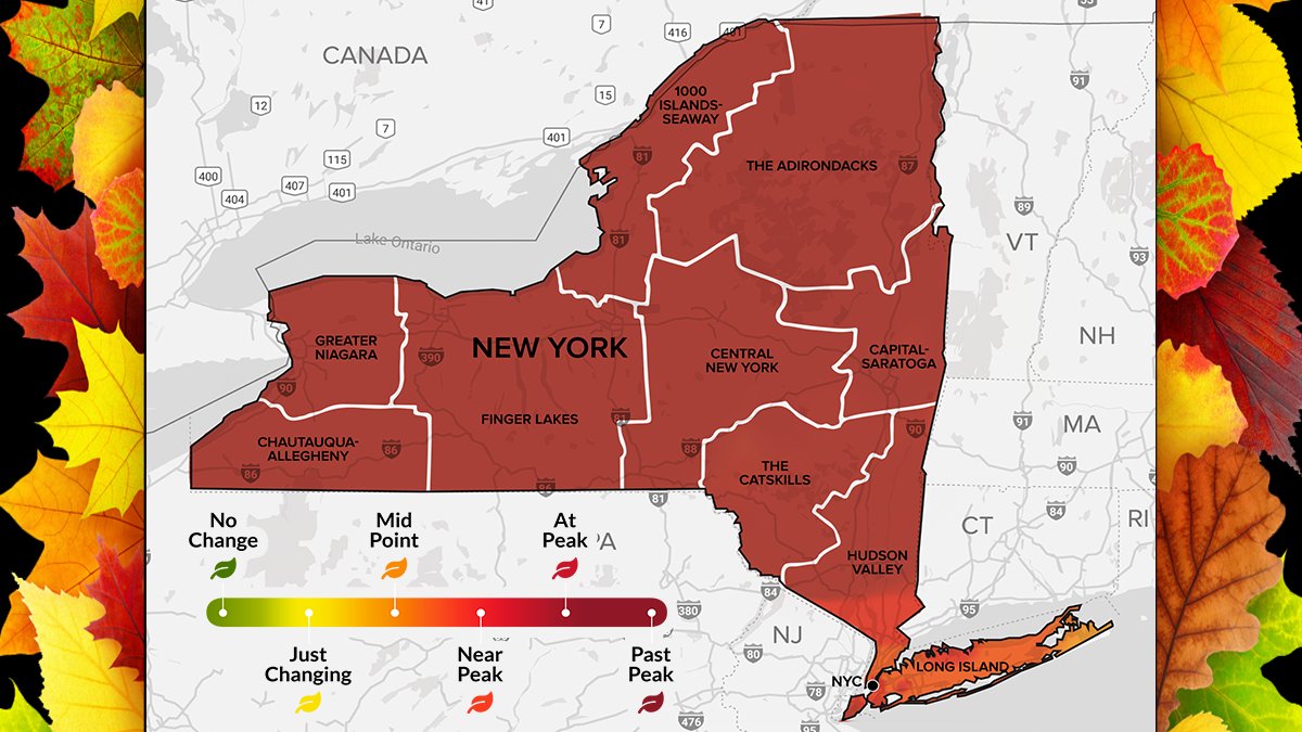 I_LOVE_NY's tweet photo. It's Week 10 of the Fall Foliage Report! Check out our interactive map to see color changes near you and across the state with peak foliage making final appearances in the Hudson Valley this weekend and continuing to arrive on Long Island. #NYLovesFall 🍁 https://t.co/cR3za3IiBz https://t.co/ZhDyXzj0gO