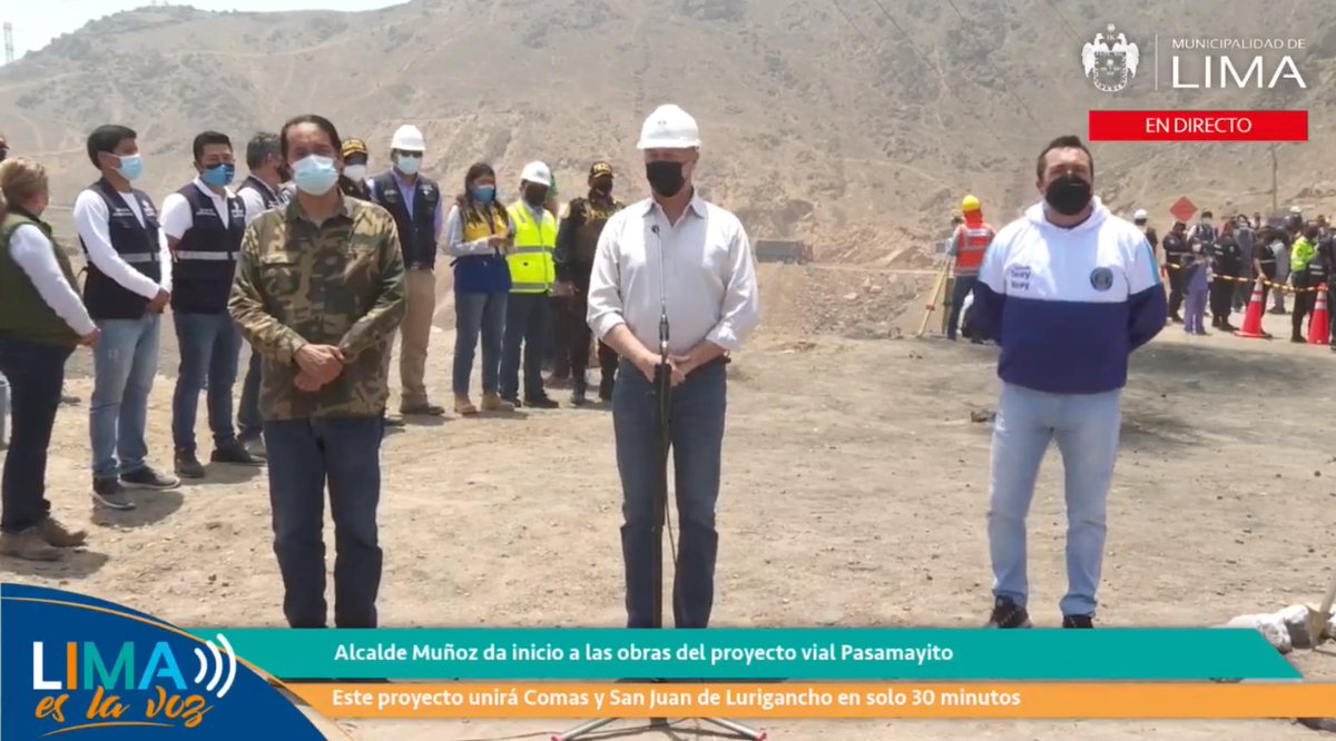 🔴 #ENVIVO | El alcalde de Lima, <a href="/JorgeMunozPe/">Jorge Muñoz</a>, participa en el inicio de las obras del proyecto vial Pasamayito. 

Esta obra unirá los distritos de Comas y San Juan de Lurigancho en tan solo 30 minutos. ▶️ bit.ly/2YAiz6d 

#ObrasParaLima
