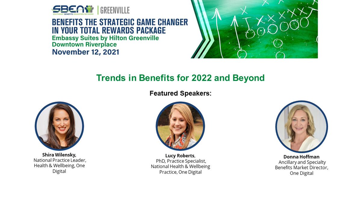 SBENetwork's tweet photo. Register today for our Regional Benefits Forum - Greenville. Featuring "Trends in Benefits for 2022 and Beyond" with speakers
- Shira Wilensky, 
- Lucy Roberts, and
- Donna Hoffman, from @WeAreOneDigital 
Don't miss out - register today at https://t.co/HQCiPIz0eK https://t.co/I441Bn84NR