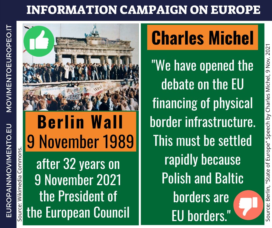 "nuovi muri d'Europa 32 anni dopo la caduta del Muro di Berlino"
"new walls of Europe 32 years after the fall of the Berlin Wall"
9 Nov. 1989 - 9 Nov. 2021
grazie a / thanks to <a href="/eucopresident/">António Costa</a>