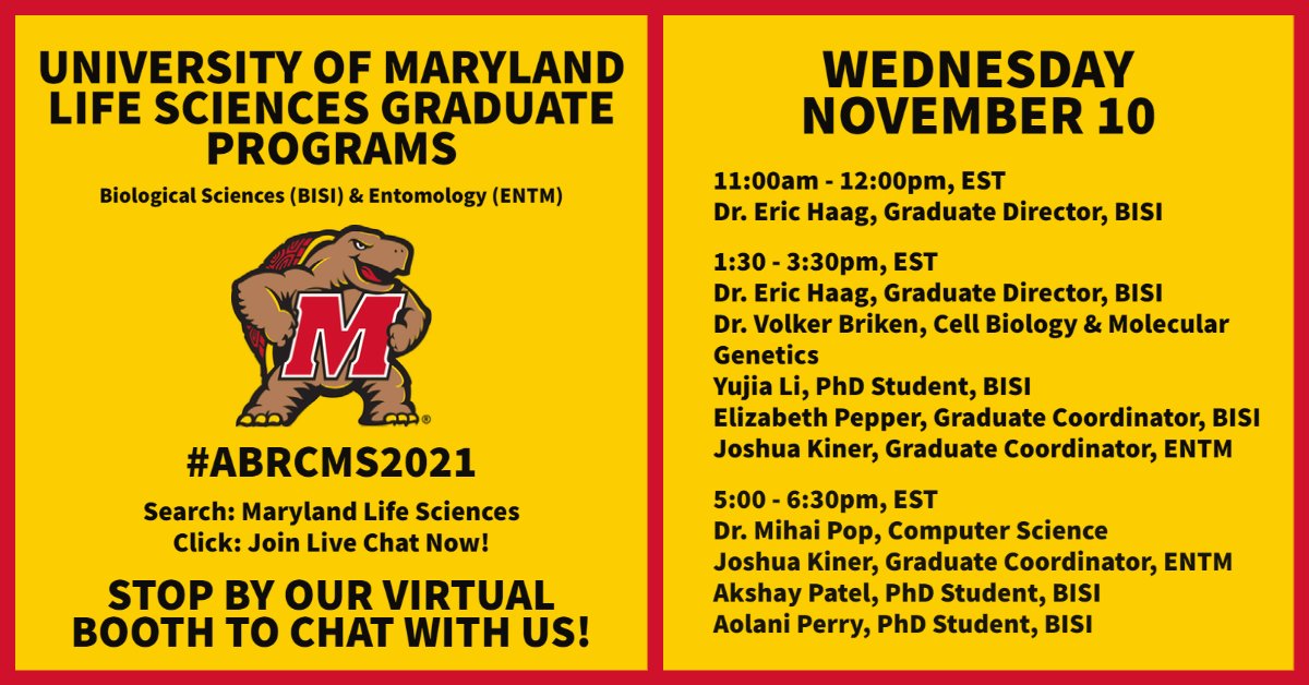 UMDEntomology's tweet image. Attending #ABRCMS2021!? We&apos;re hosting a booth together with @BISIumd. Join us in the live chat tonight at 5:00pm!