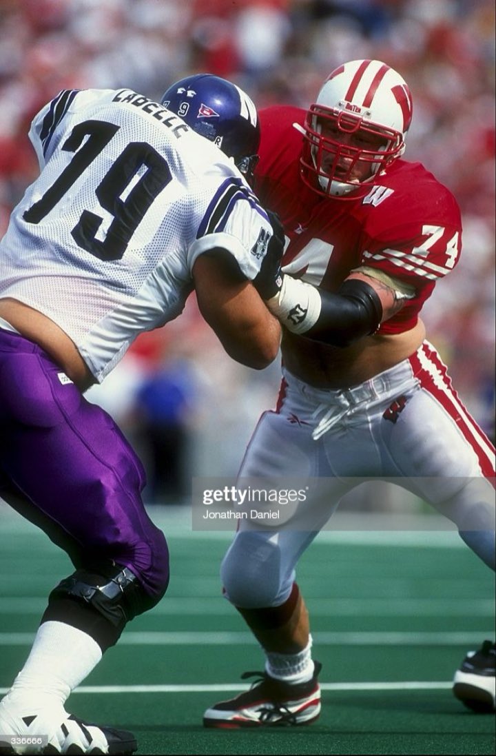 miller5474's tweet photo. @BadgerFootball 26 Sep 1998: Defensive end Tom Burke #74 of the Wisconsin Badgers in action against offensive lineman Bryan LaBelle #79 of the Northwestern Wildcats during a game at the Camp Randall Stadium in Madison, Wisconsin. The Badgers defeated the Wildcats 38-7. https://t.co/ZVspsbOwW4