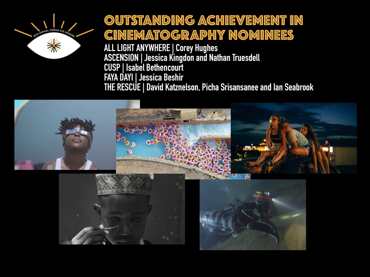 The #CEH2022 nominees for Outstanding Cinematography:
Corey Hughes | All Light, Everywhere
Jessica Kingdon &amp; Nathan Truesdell | Ascension
Isabel Bethencourt | <a href="/cuspthefilm/">Cusp</a>
<a href="/jessybeshir/">Jessica Beshir</a> | <a href="/fayadayi/">Faya Dayi</a>
<a href="/katznelsond/">David Katznelson</a> Picha Srisansanee &amp; Ian Seabrook | The Rescue
#CEH15th
