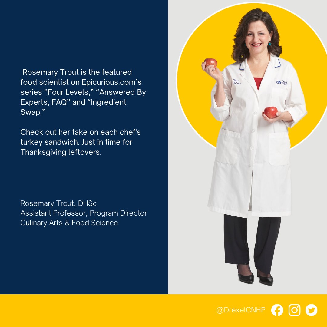 DrexelCNHP's tweet photo. Food scientist and assistant clinical professor Rosemary Trout lends her expertise to talk through why food tastes, impacts and acts the way it does. #HealthProfessionsWeek #FoodScience #CulinaryArts #FoodandHospitalityManagement https://t.co/zIiGJh4n5s https://t.co/bS1DOvpX83
