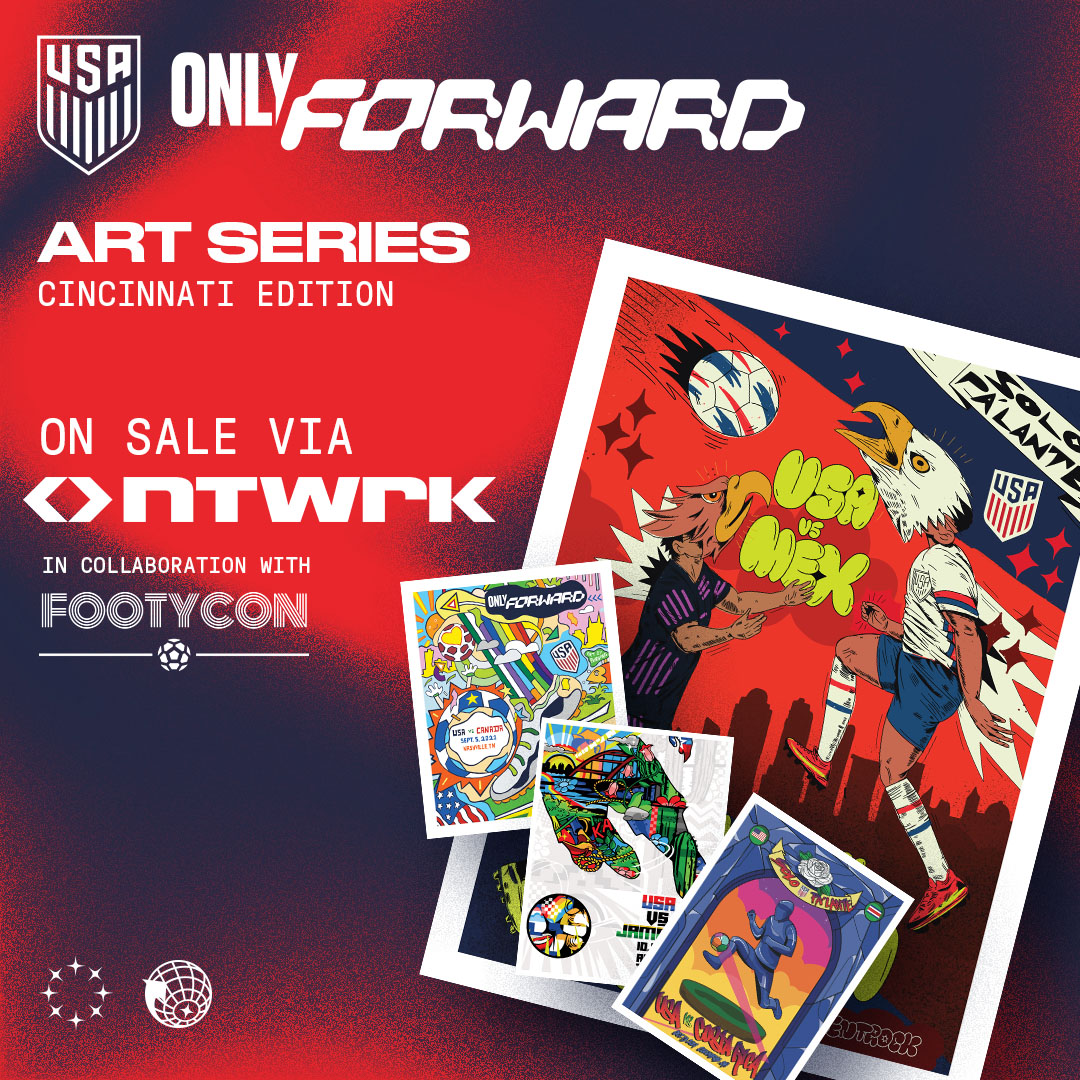 USMNT's tweet photo. #OnlyForward &amp; into @NTWRKLIVE ⚡️

Posters ft. @sentrock's 🇺🇸 vs. 🇲🇽 artwork, plus the rest of our WCQ art series, go on sale TODAY at 5 p.m. ET during @FootyConFC >> https://t.co/ilU3kfojPz https://t.co/yfoaOC6gQ5