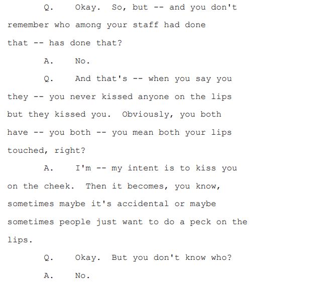 morganfmckay's tweet photo. Cuomo Transcripts: Former Gov Andrew Cuomo says he can't remember all the staffers he has kissed on the lips. 

"My intent is to kiss you on the cheek. Then it becomes, you know, sometimes maybe it's accidental or maybe sometimes people just want to do a peck on the lips." https://t.co/QoEBEFtvQf