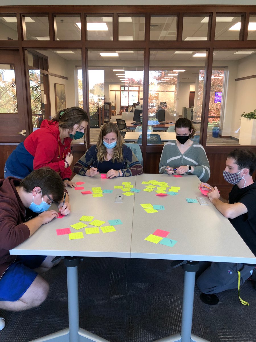 KCapLiteracy's tweet photo. We had fun in #EtownLiteracyMethods today as secondary English candidates engaged in a book audit at @HighLibrary and then brainstormed about our classroom management philosophies! @EtownCollege https://t.co/MzjxZf463j