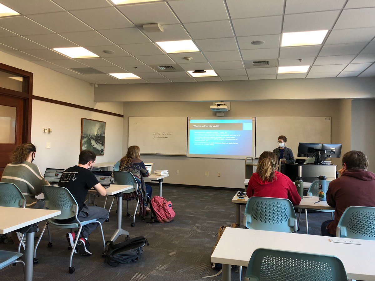 KCapLiteracy's tweet photo. We had fun in #EtownLiteracyMethods today as secondary English candidates engaged in a book audit at @HighLibrary and then brainstormed about our classroom management philosophies! @EtownCollege https://t.co/MzjxZf463j