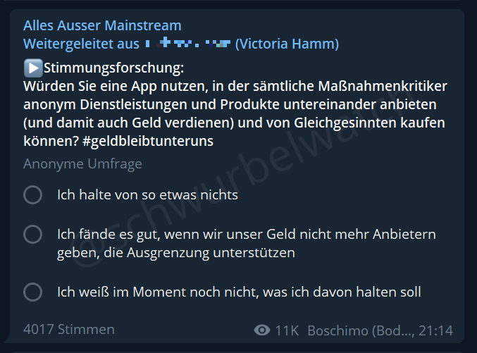 schwurbelwatch's tweet photo. #VictoriaHamm (ehemals Mitgründerin der Schwurbel-Partei von Schiffmann "#Widerstand2020") schlägt eine App vor, "in der sämtliche Maßnahmenkritiker anonym Dienstleistungen und Produkte" anbieten können.
Gegenleistung für Geld?
Ein ganz neues Konzept für die Schwurbel-Szene. https://t.co/ox0GAecFIU