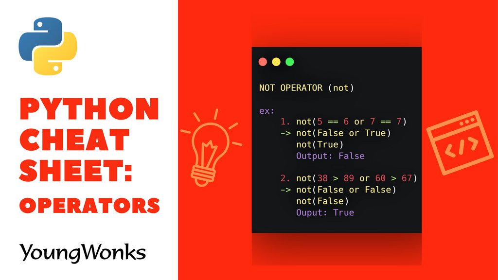 YoungWonks's tweet image. The #notoperator returns the negation of the result of an #operation. Shared here is an eg. Learn more at l8r.it/hUEy /#bitesizedcodingwithYoungWonks #pythonprogramming #codingforkids #learningresources #operator #python #pythoncheatsheet #onlinelearning
