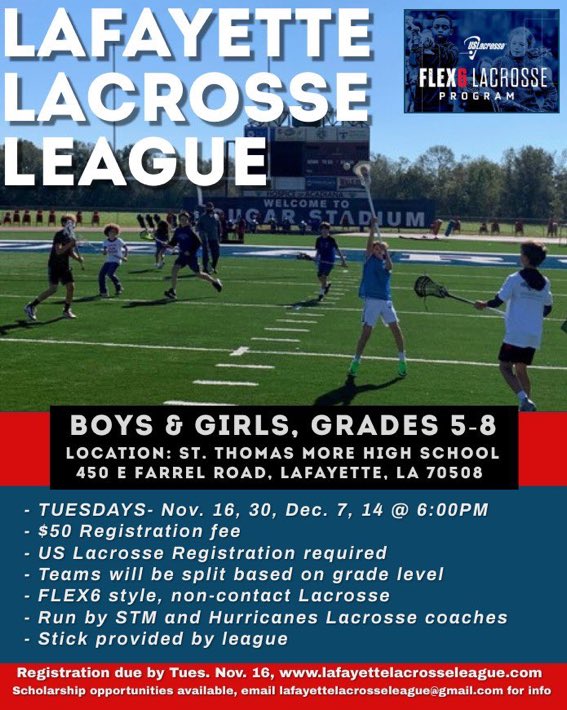 LafayetteLacro1's tweet photo. One Week Away!! Sign up at https://t.co/HoUpNkMzq7 and join the fastest growing sport. @stmcougarlax @LHSLL @AcadianaLax @RealCoachKeith https://t.co/bFtMmHQHtx