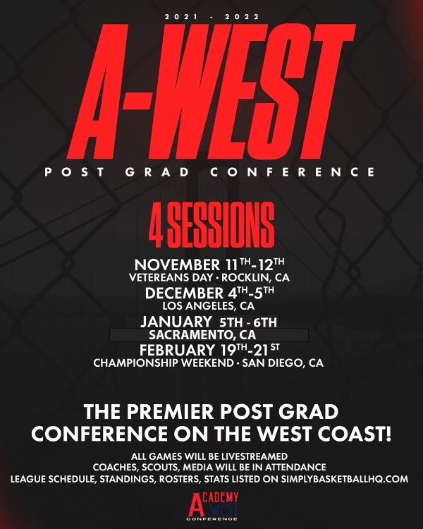 A-West Post Grad Conference 

Kicks off in less than 24 hours in Rocklin! 

Full Schedule here: simplybasketballhq.com/a-west-schedul…

<a href="/Coach__Brandon/">Brandon Cole</a> <a href="/Groundup_D/">Coach Don</a>
