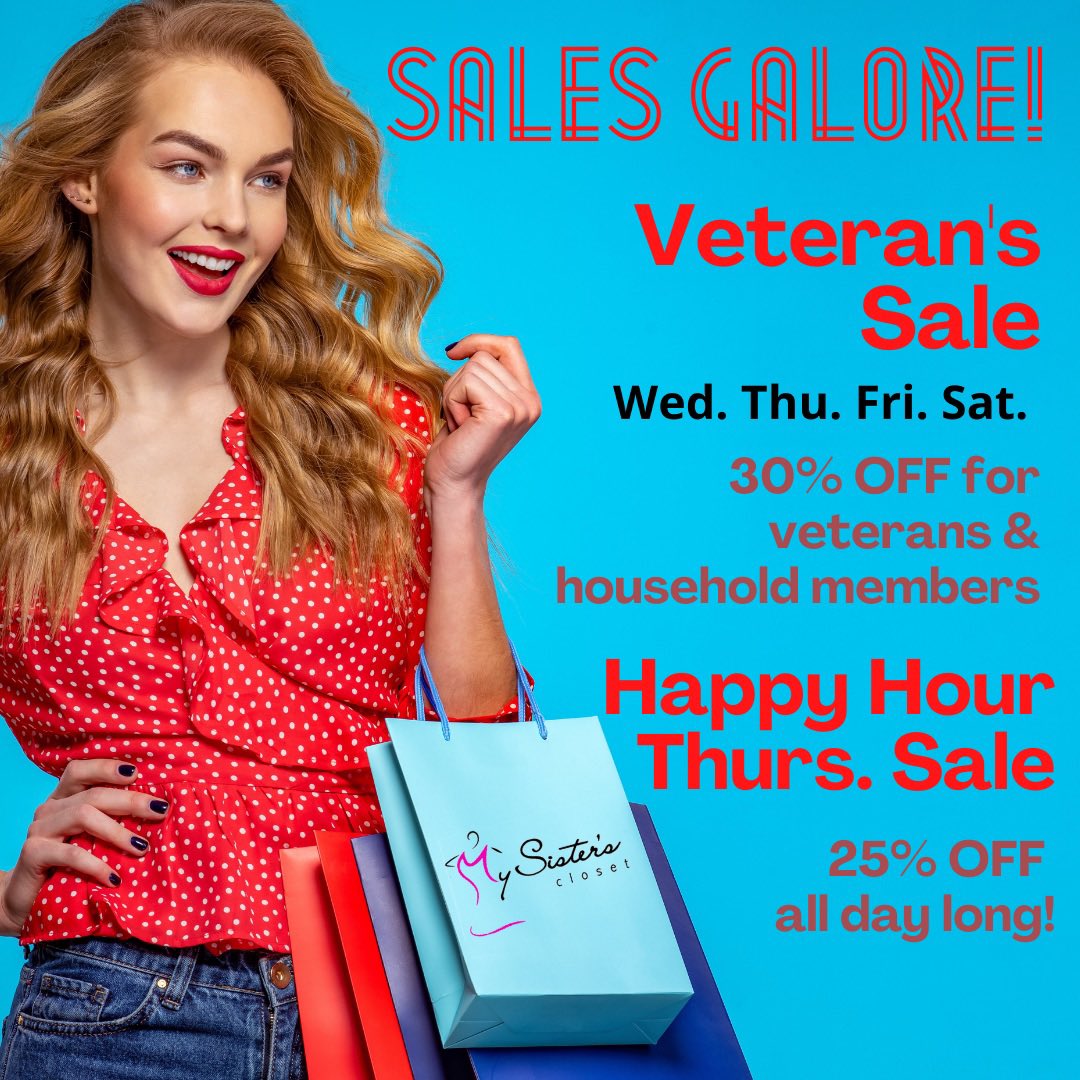 mysiscloset's tweet photo. We're celebrating Veteran's Day all week long! 

Thank you to all those who have served - past and present. 
Stop by MSC for a special sale just for you❤️🤍💙

Veteran's Sale 11/10 - 11/13: 30% off for all veterans &amp; household members
Happy Hour 11/11: 25% off https://t.co/AiD6z4OK5V