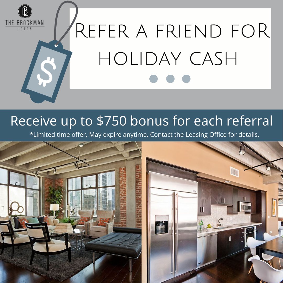 Earn extra holiday cash by referring your friends and family to The Brockman Lofts! 🎄💰😍
See flyer, and contact our leasing team with any questions!
▪️
▪️
#thebrockmanlofts #dtla #downtownla #refer #residentreferral #holidaycash #holidays #bonus #holidayseason
