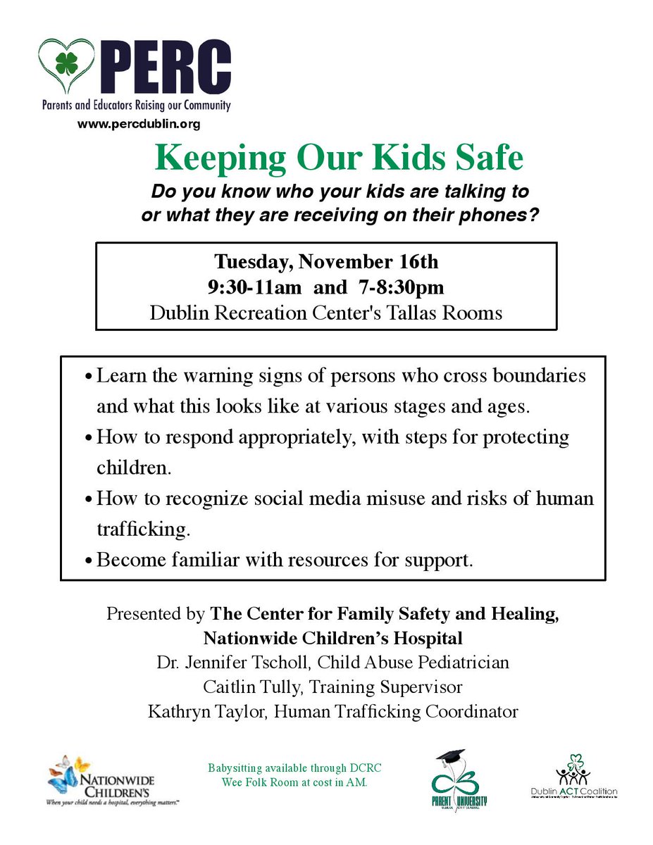 Do you know who your kids are talking to or what they are receiving on their phones? Check out the flyer for the next PERC event on Keeping Our Kids Safe on Nov. 16 at 9:30 a.m. and 7 p.m.