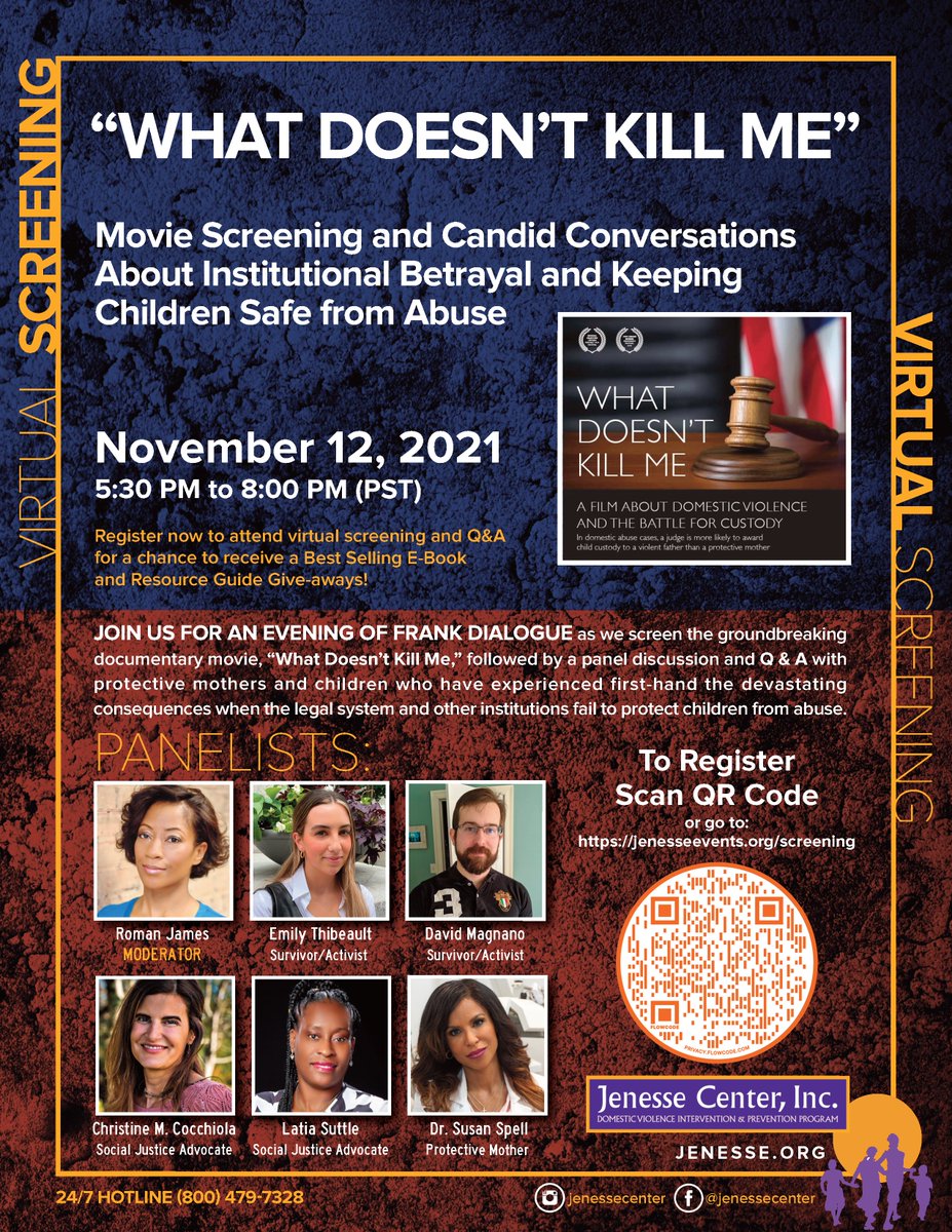 JenesseCenter's tweet photo. Don’t miss our screening of “What Doesn’t Kill Me” happening Friday, November 12, at 5:30 p.m. PST.
Register: https://t.co/dyy4QDNT9P
#fcam #moviescreening #domesticabuseawareness #domesticviolence #familycourtawarenessmonth #familycourtcrises #onemomsbattle #omb https://t.co/RFFikjxJR8