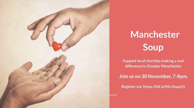 #WednesdayMotivation Make a difference this November: Microfund a small local #charity or social enterprise at <a href="/McrSoup/">Manchester Soup</a> on 30 Nov, 7-8pm. Sign up here: bit.ly/McrSoup11 #Manchester