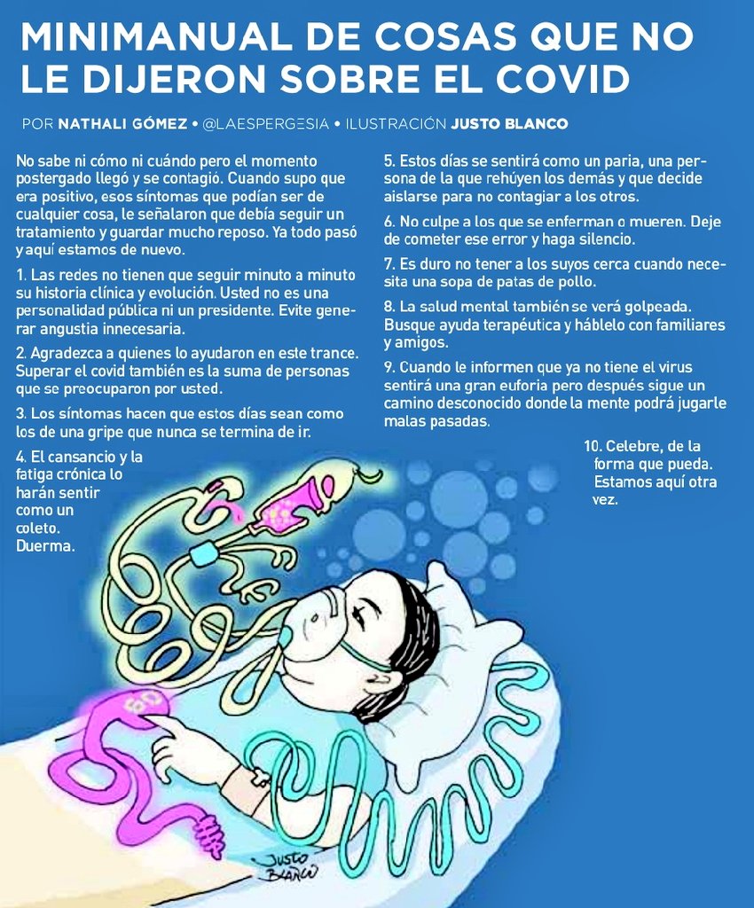 laespergesia's tweet photo. Minimanual de cosas que no le dijeron sobre el covid

Había olvidado publicar este minimanual. El coronavirus, una vez que te recuperas, vuelve cada tanto para recordar que no fue cualquier cosa. 
Tu mente y tu ánimo por un tiempo no serán los mismos. https://t.co/dN7LKcIYg1