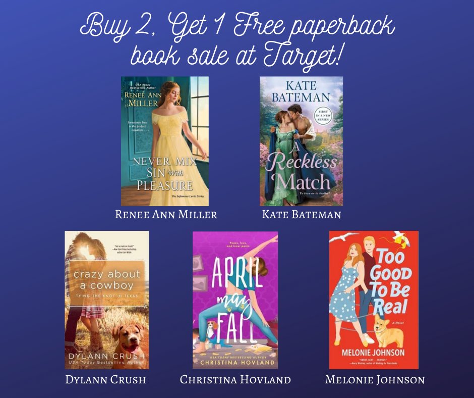 This week Target is having a buy 2 get 1 free sale on paperback books! Included are books by our Romance Chicks authors <a href="/DylannCrush/">Dylann Crush</a>, <a href="/HovlandWrites/">Christina Hovland</a> @MelonieJohnson, <a href="/katebateman/">Kate Bateman</a>, <a href="/Reneeannmiller/">Renee Ann Miller</a>! 
#Romancebooks #Romancenovels