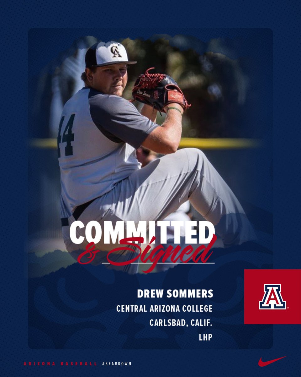 ArizonaBaseball's tweet photo. 🖋️ Signed! Welcome to Tucson, @DrewSommers3 🐻⬇️

🏫 Central Arizona College
📍 Carlsbad, Calif.
⚾ Left-handed pitcher https://t.co/JCKjp6aycf