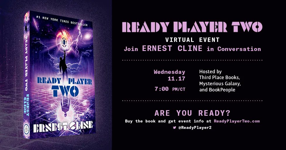 Next Wed, November 17 at 5 pm PT, join us for a TICKETED virtual event with ERNEST CLINE & Mysterious Galaxy's Matt, for the paperback release of READY PLAYER TWO! 

Signed books & viewing ticket options available! @penguinrandom 

For more information -> https://t.co/bingG8VfOy https://t.co/yjumymfavv