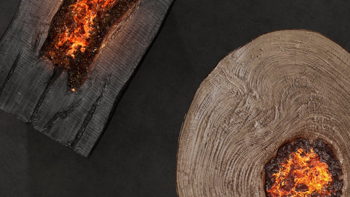 Nature's Wood luxury fire tables are crafted from weatherproof aluminum and molded directly from slabs of raw cut trees to create organic shapes and textures. Learn more: bit.ly/3nZ7Ta1