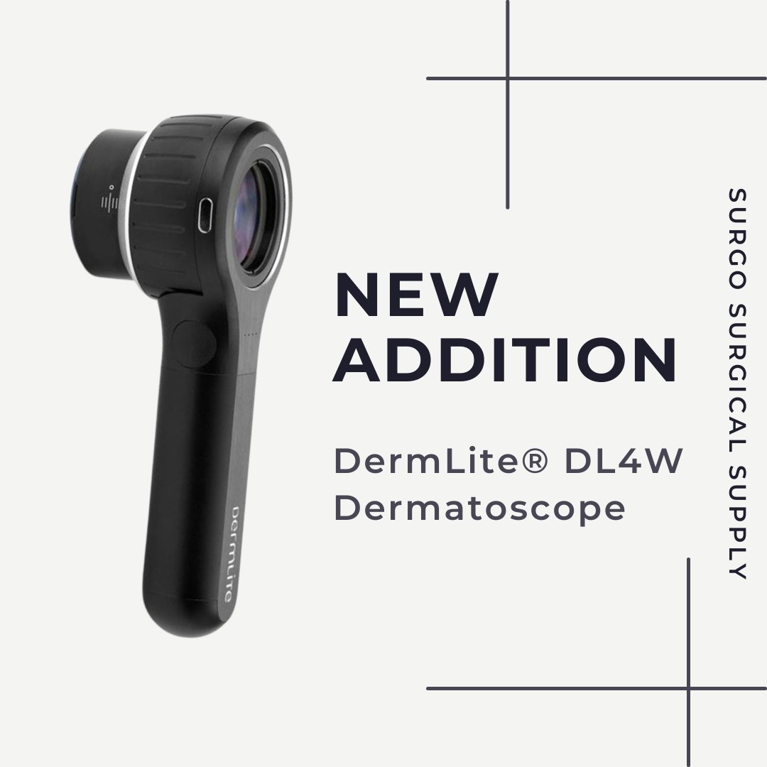 SurgoSurgical's tweet photo. The DermLite DL4W Dermatoscope is the newest addition to Surgo! This Dermatoscope is smartphone compatible, has a rechargeable battery, and includes 24 white LEDs. For more information, refer to our website at https://t.co/DZeV71ehml. #dermlite #dermatoscope #dermoscopy https://t.co/HvqRMpQi68