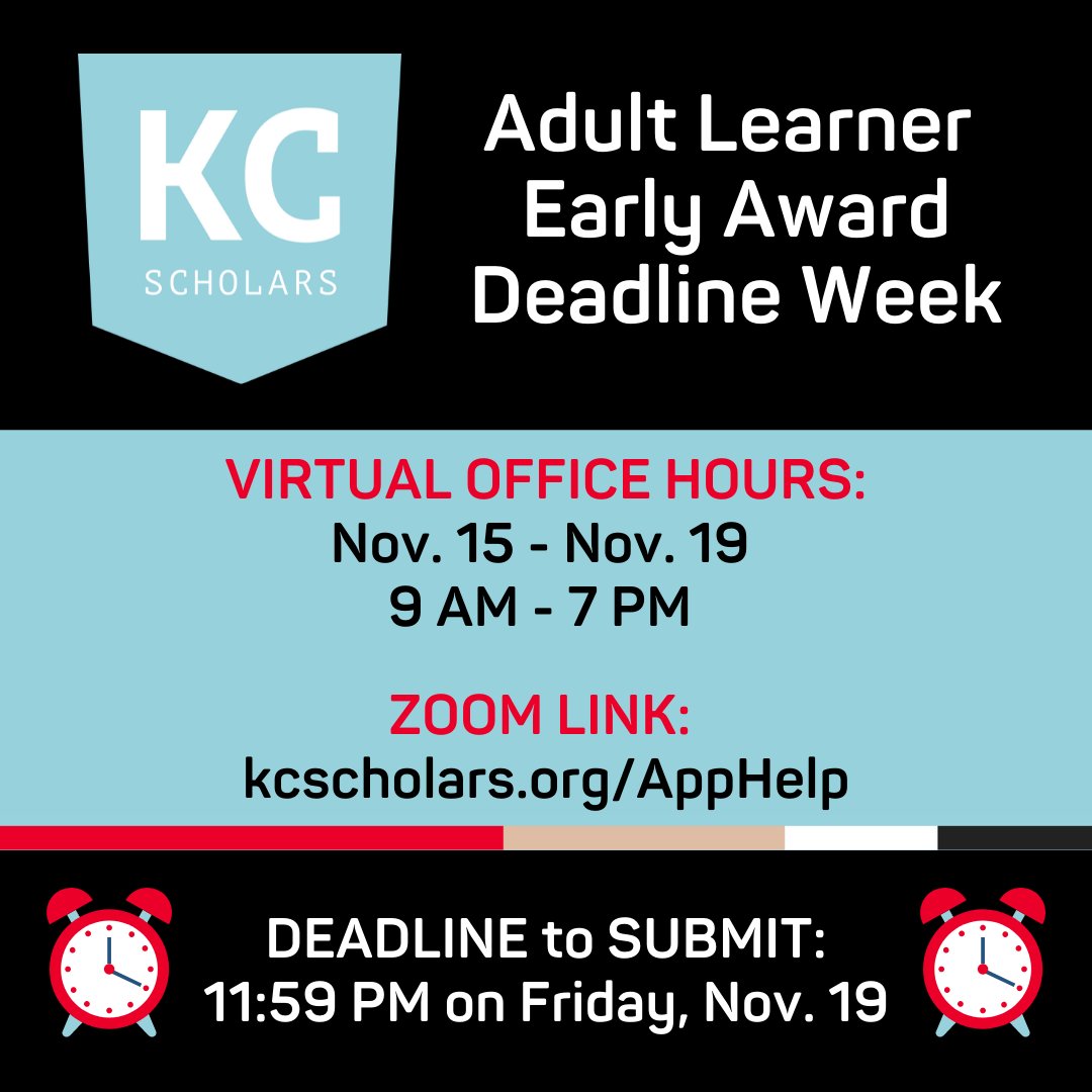 It’s 🚨 DEADLINE WEEK 🚨 for our Adult Learner Early Award Scholarship Application and we’re here to help! Drop into our Zoom room at kcscholars.org/AppHelp for open office hours between 9 a.m. and 7 p.m. every day this week.