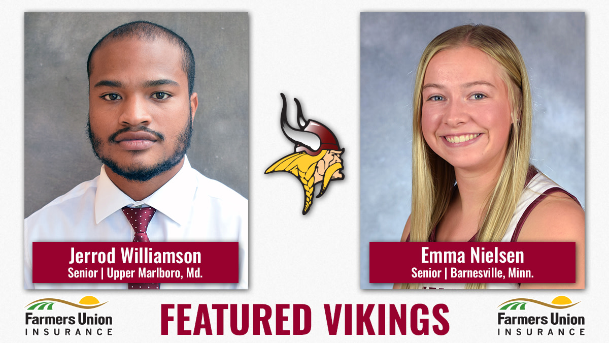 VCSUVikings's tweet photo. Jerrod Williamson and Emma Nielsen have been named this week's Farmers Union Insurance Featured Vikings. Read more: https://t.co/6nkBVRuSWz https://t.co/tNxxtAgKJx
