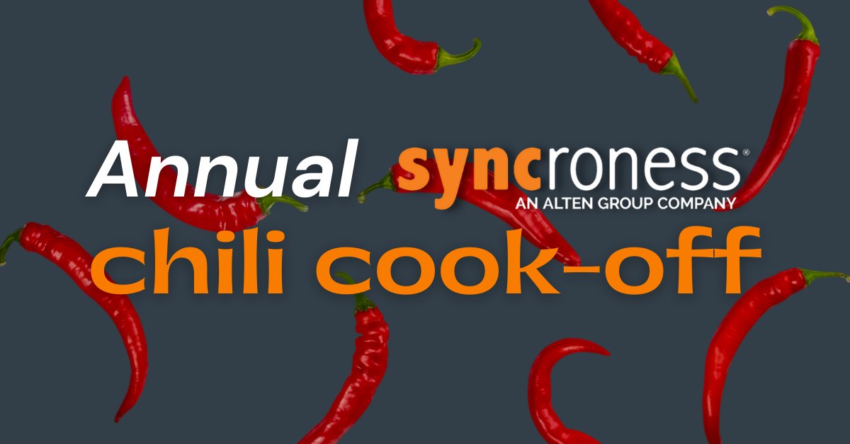 Syncroness's tweet photo. Today we hosted our annual Syncroness chili cook-off, perfect for a chilly day! All chilis were great, but only a few could win. Here are the winners:

Best Traditional: Alec Perry
Best Non-Traditional: Nic Deininger (Green Chili) 
People's Choice: Nic Deininger and Dawn Howe https://t.co/zxuCDc0mWn