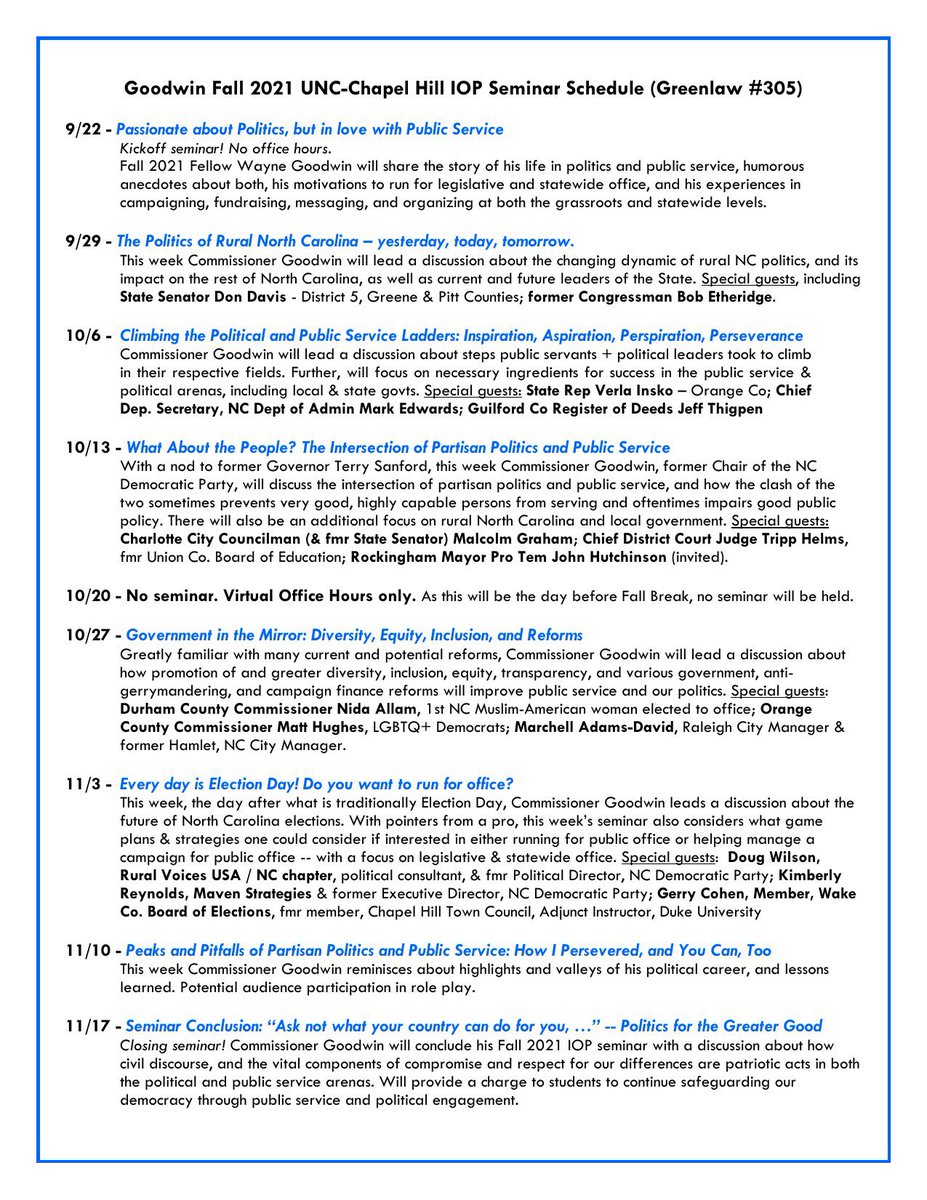 WayneGoodwinNC's tweet photo. Tonight’s my next-to-last class in my @UNC @unciop  seminar series re Politics &amp; Public Service. Topic:  Peaks, Peakfalls, &amp; Lessons from my career. Live 6pm via Zoom: https://t.co/DeUOjTbLoI Or attend live at UNC-Chapel Hill in Greenlaw #305 (masks required). #ncpol @DiPhi @ydnc https://t.co/RCJ6S75F2k