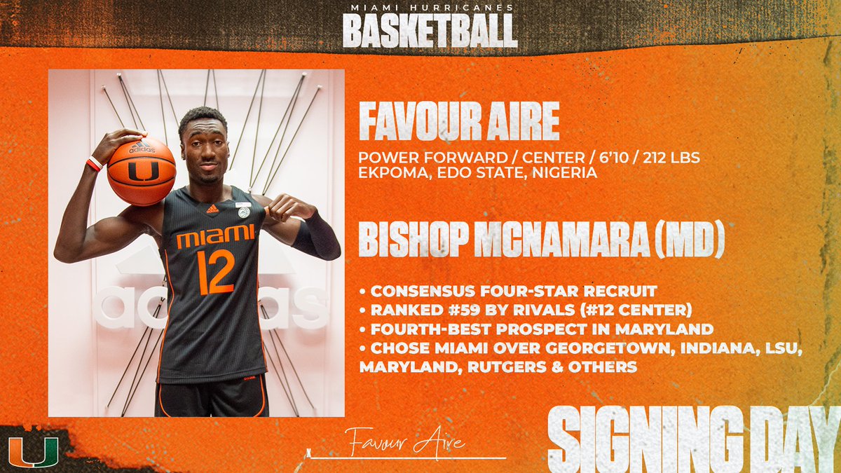 Canes Menโs Basketball (@caneshoops) on Twitter photo Decision made... Welcome to The U, Favour Aire! ๐
โญ๏ธโญ๏ธโญ๏ธโญ๏ธ <a href="/favouraire/">FavourAire</a>
6'10 power forward / center from Nigeria
Bishop McNamara High School (MD) Decision made... Welcome to The U, Favour Aire! ๐
โญ๏ธโญ๏ธโญ๏ธโญ๏ธ <a href="/favouraire/">FavourAire</a>
6'10 power forward / center from Nigeria
Bishop McNamara High School (MD)