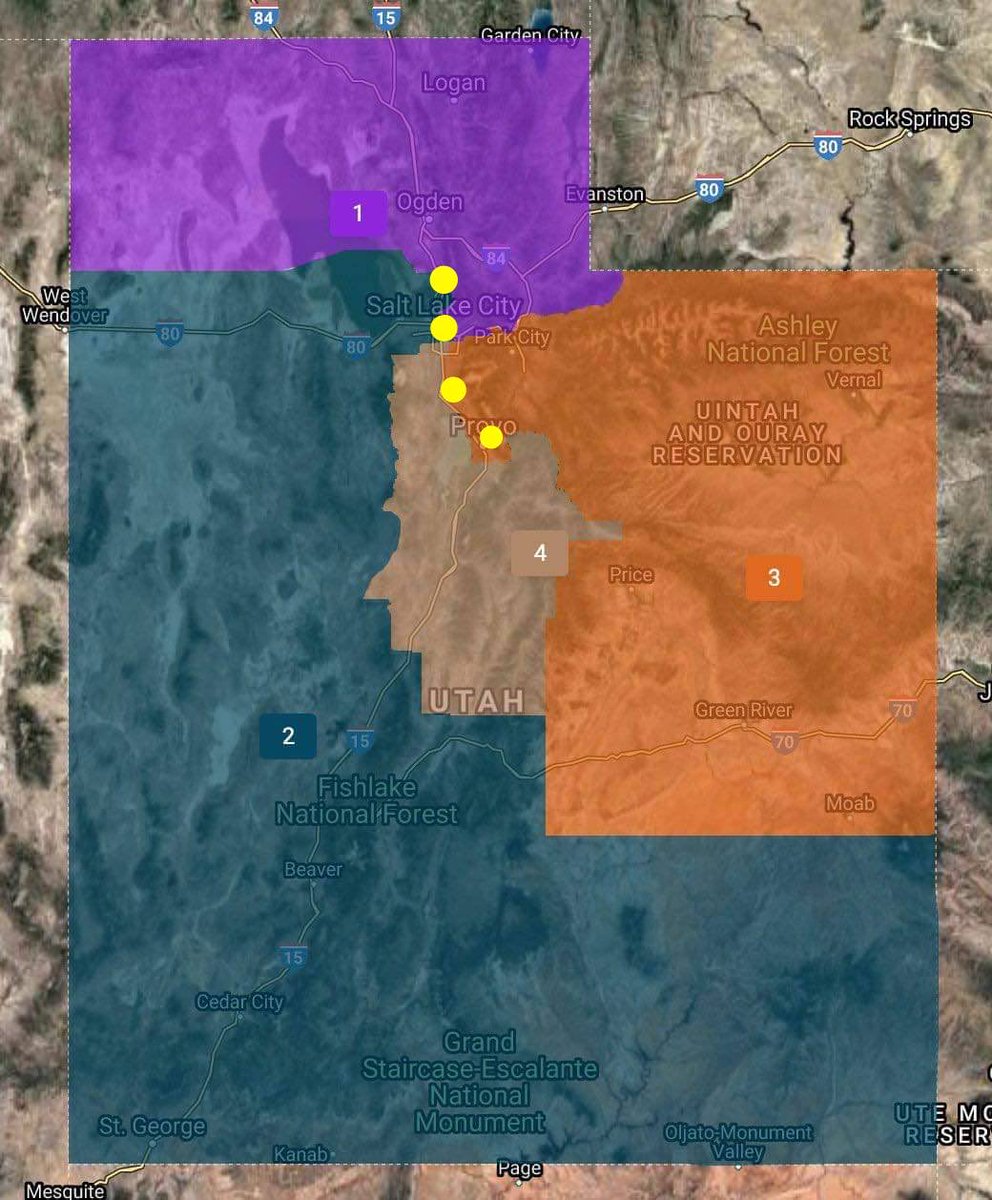 I went ahead and marked where our current 4 members of Congress live on the new map. I’m so glad we care so deeply about rural representation that we create a map to elect four members of Congress from the Wasatch Front! I'm sure the rural areas of the state feel loved. #utpol