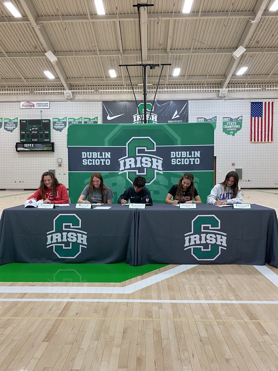 sciotoathletics's tweet photo. CONGRATULATIONS Dublin Scioto Signing Day 2021!!Holland Bell (Field Hockey) The Ohio State University; Ayva Leon (Volleyball) Cleveland State University; Jayden Lunsford (Soccer) BGSU; Avery Samms (XC) Grace College (Ind.);  Mya Swearingen (Soccer) Capital University. GO IRISH https://t.co/AL7D5Jwwek