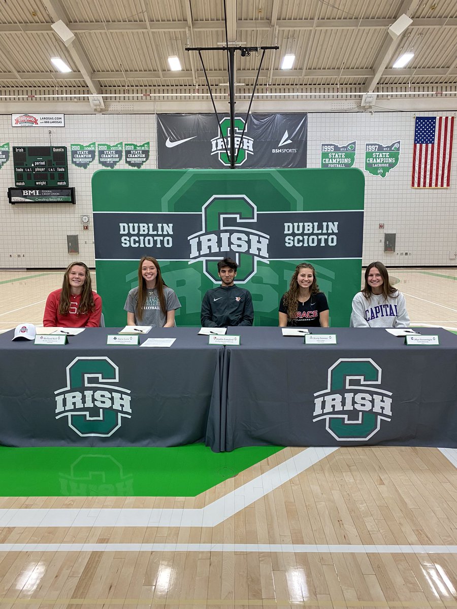 sciotoathletics's tweet photo. CONGRATULATIONS Dublin Scioto Signing Day 2021!!Holland Bell (Field Hockey) The Ohio State University; Ayva Leon (Volleyball) Cleveland State University; Jayden Lunsford (Soccer) BGSU; Avery Samms (XC) Grace College (Ind.);  Mya Swearingen (Soccer) Capital University. GO IRISH https://t.co/AL7D5Jwwek
