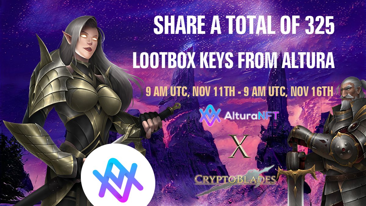 CryptoBlades's tweet image. ⚔️CryptoBlades x @altura_nft are hosting a Giveaway🎊

🚀Altura has launched its first NFT Lootboxes!📦

🕘The giveaway will go live at 9 AM UTC on 11th of Nov and will end at 9 AM UTC Nov 16th

➡️giv.gg/cbxaltura

#CryptoBlades #Metaverse #bsc #Crypto $ALU #BNB #AlturaNFT